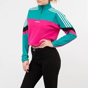 Adidas Retro XS Pink Teal Long Sleeve Cropped Half Zip Crewneck